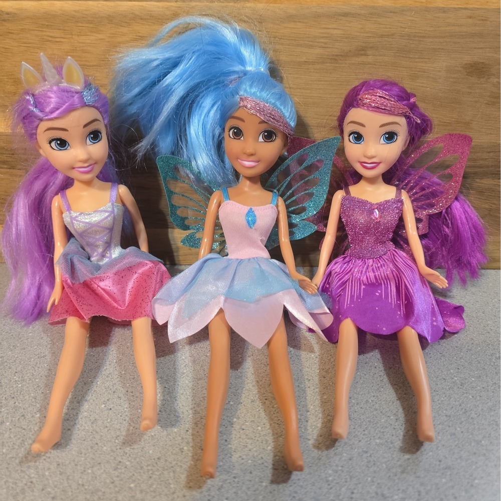 Lot of Three Sparkle Fairy Girlz Dolls 10" Zuru, Articulated Blue Purple Unicorn